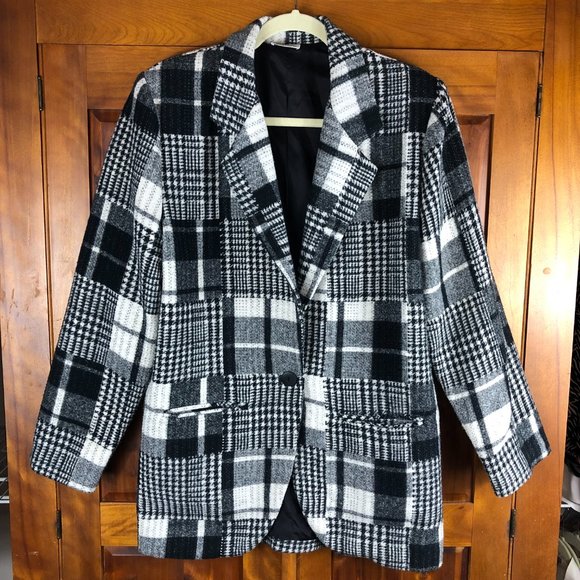 Ormond Vintage Oversized Patchwork Plaid Houndstooth Wool Blend Blazer w Pockets - Picture 1 of 13